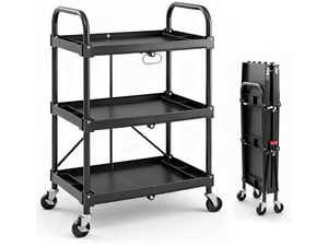 lot 3007 image: DUMOS 3-Tier Folding Utility Cart, Collapsible Service Cart with 4 Swivel Wheels & Brakes, 120LBS Capacity & Collapsible Storage Rolling Cart for Kitchen, Office, Garden, Garage, Black - Retail $0