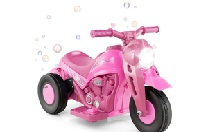 lot 3018 image: HONEY JOY Pink Ride On Motorcycle, 6V Toddler Motorcycle with Bubble Maker, LED Light, Music, Foot Pedal, ForwardBackward, 3-Wheel Battery Powered Electric Motorcycle for Kids, Gift for Boys Girls - Retail $0