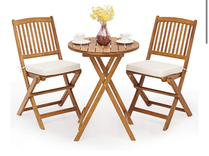 lot 3038 image: Giantex 3Pcs Patio Bistro Set, Wood Folding Table Set, 2 Cushioned Chairs for Garden Yard, Outdoor Furniture Round Table (Natural & Beige) - Retail $0