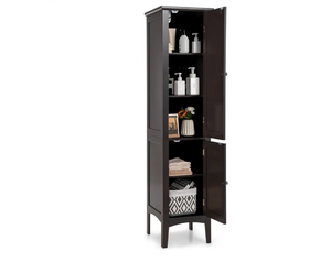 lot 3042 image: COSTWAY Tall Bathroom Storage Cabinet, 5-Tier Freestanding Linen Tower Cabinet with 2 Doors, Wooden Side Storage Organizer, Narrow Slim Floor Cabinet for Bathroom, Living Room, Kitchen (Brown) - Retail $0