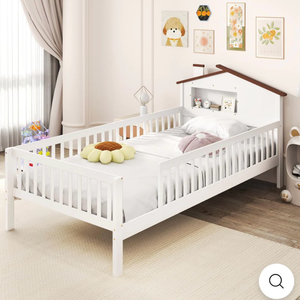 lot 3043 image: Twin Size Kids Montessori Bed with House-Shaped Headboard and Built-in Storage Shelf - Retail $0