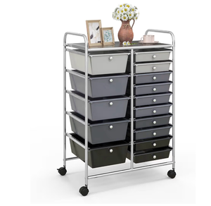 lot 3050 image: COSTWAY 15 Drawer Rolling Storage Cart, Mobile Utility Cart with Lockable Wheels, Drawers, Multipurpose Organizer Cart for Home, Office, School, Gradient Black - Retail $0