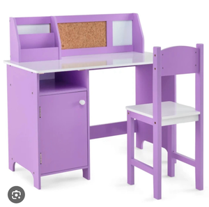 lot 3051 image: 2-Piece Wood Top Purple Kids Desk and Chair Set Study Writing Workstation with Bookshelf and Bulletin Board - Retail $0