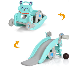lot 3055 image: Costway 4-in-1 Rocking Horse & Slide Set Toddler Slide Toy w Basketball Hoop Blue - Retail $0