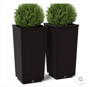 lot 3056 image: Set of 2 Outdoor Wicker Flower Pot, 23 Inch Tall Planters with Drainage Hole, Self-Watering Tray - Retail $0