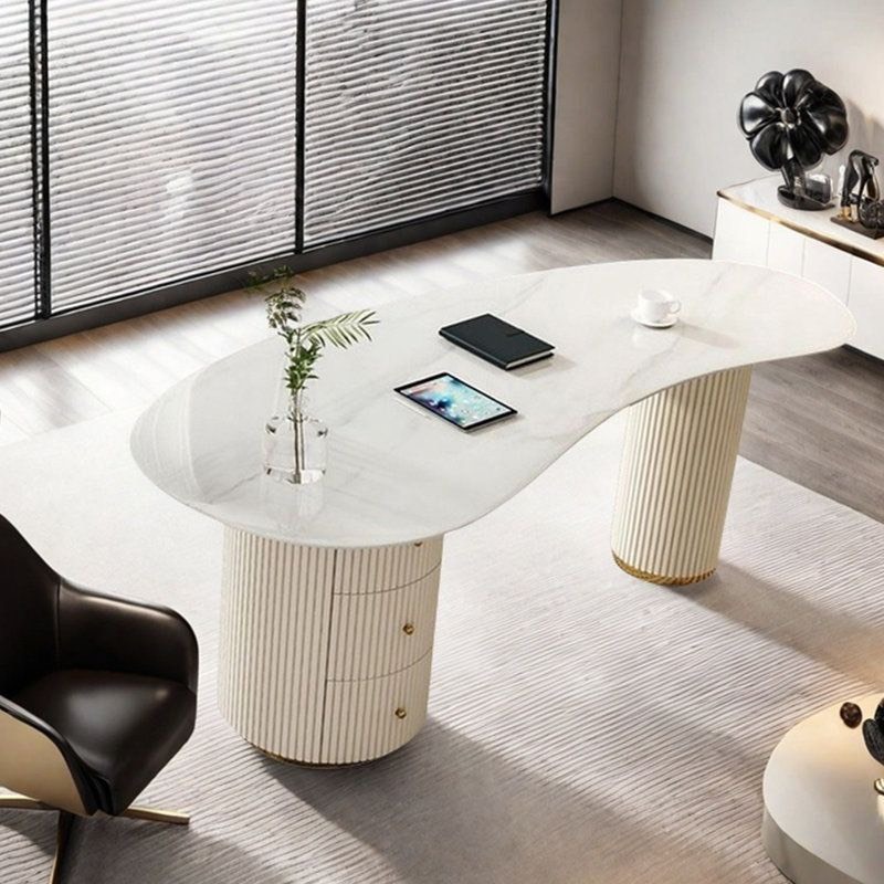 lot 3563018 image: Oval White Sintered Stone Executive Office Desk with Drawers - Retail $1,319