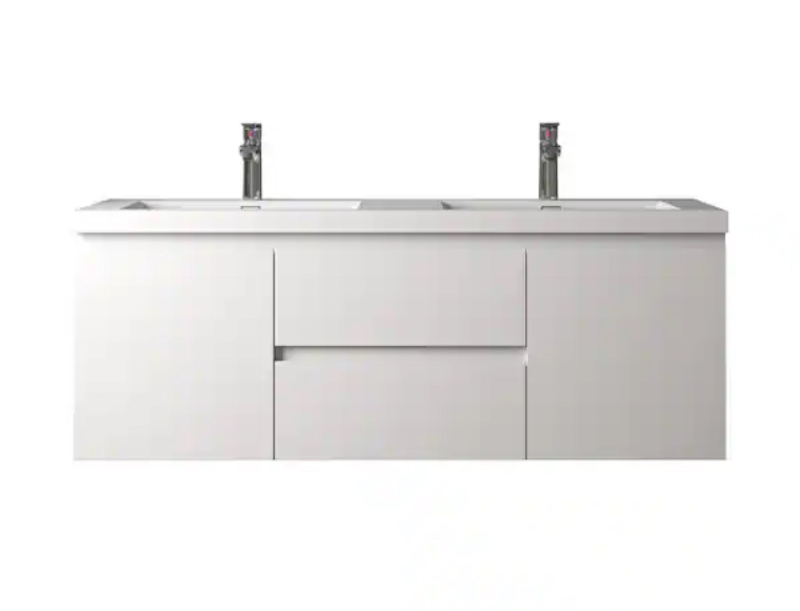 lot 3563030 image: Angela 60 in. Double HG. White Bath Vanity Wall-mounted Floating Vanities with Gloss White Resin Stone Top 2 Drawers - Retail $1,258
