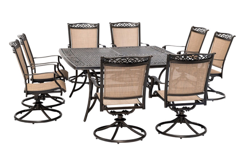 lot 3563031 image: Hanover Fontana 9-Piece Bronze Patio Dining Set Aluminum Square Table with 8 Tan Swivel Rocker Chairs - Retail $2,999