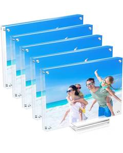 lot 24352 image: JUOIFIP 5 Pack Acrylic Picture Frame 5x7 Clear Double Sided Magnetic Photo Frame - Frameless Baby Friend Family Picture Desktop Display with Support Stand and Gift Boxes - Retail $31