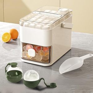 lot 24354 image: Compact Double Layer Ice Cube Tray with Lid and Bin, One-Click Demolding, Pull-Out Ice Drawer with Portable Handle, Includes 2 Large Ice Ball Molds (White) - Retail $10