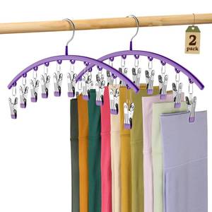 lot 39830 image: Legging Organizer for Closet, Metal Yoga Pants Hanger wRubber Coated 2 Pack w10 Clips Hold 20 Leggings, Hangers Space Saving Hanging Hangers for Closet Organizers and Storage-Purple - Retail $20