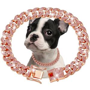 lot 39854 image: Rosegold Dog Chain Collar Diamond Cuban Link Dog Collar 13mm Wide Dog Necklace Metal Cat Chain Pet Crystal Collar Jewelry Accessories for Small Medium Large Dogs Cats(10inch) - Retail $10