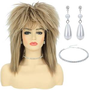 lot 39859 image: Bettecos 80s Womens Rock Diva Costume Wig with Necklace and Earring for Women Big Hair Blonde 70s 80s Rocker Mullet Wigs Glam Punk Rock Rockstar Cosplay Wig for Halloween Party (Light Blonde) - Retail $28
