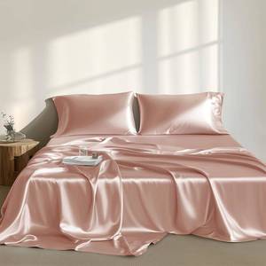 lot 48567 image: Madison Park Satin Sheets Twin Size, Luxurious Silky Bed Sheets, Elastic 14 Pocket fits up to 16 Mattress, Wrinkle-Free, Soft Satin Bed Sheet Set, Blush 4 Piece - Retail $21