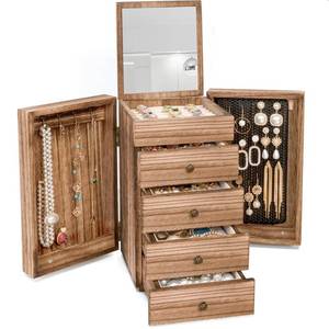lot 48568 image: Meangood Jewelry Box Wood for Women, 5-Layer Large Organizer Box with Mirror & 4 Drawers for Rings, Earrings, Necklaces, Vintage Style, Torched Wood - Retail $40
