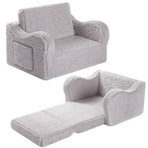lot 48585 image: MOMCAYWEX Kids Sofa, 2-in-1 Flip-Out Foam Couch with Soft Sherpa Cover, Cozy Play Lounge Chair, Grey - Retail $53