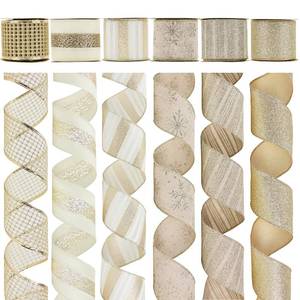 lot 48603 image: HUIHUANG Champagne Gold Christmas Ribbon Wired Champagne Glitter Christmas Tree Ribbons for X-mas Tree, Wreaths, Garlands, Home Decor, Wrapping (2.5 x 6 Rolls, 36 Yds Total) - Retail $22