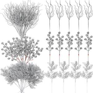 lot 48674 image: Craftsatin 75 Pcs Christmas Glitter Branches 3 Styles Artificial Christmas Picks Berries Stems Pine Needles Floral Twig Spray for Xmas Tree Ornaments DIY Wreath Garland(Silver) - Retail $4,145