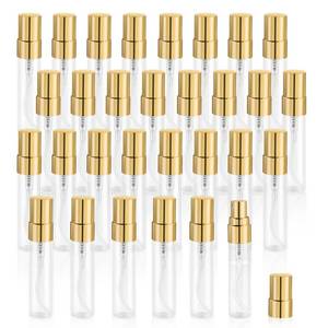 lot 48675 image: Mirrline 30 Pcs 5ml0.17oz Mini Spray Bottle Glass Fine Mist Perfume Atomizer Empty Sample Containers with Golden Lids for Travel Cleaning Essential Oils - Retail $13