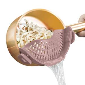 lot 48678 image: AUOON Clip on Strainer for Pots and Pans - Silicone Food Strainer for Draining Pasta, Spaghetti, Noodles, Fruits, Vegetables, Grease, Ground Beef (Almond Rose) - Retail $8