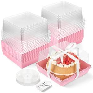lot 48686 image: ZORRITA 7 x 7 x 4 Inches Paper Cake Boxes with Clear Lids, 20 Pack Disposable Charcuterie Boxes Square Food Containers for 4-6 Inch Cake, Dessert, Pie, Cupcake, Bakery (Pink) - Retail $21