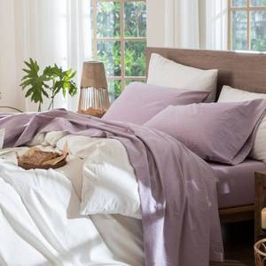 lot 48689 image: MooMee Bedding Sheet Set 100% Washed Cotton Linen Like Textured Breathable Durable Soft Comfy (Heathered Light Purple, King) - Retail $90