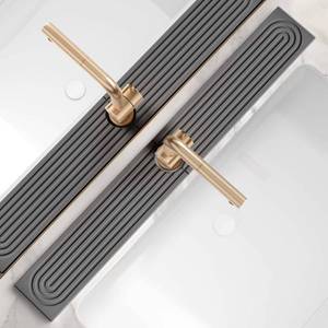 lot 48713 image: eormoe 30 inch Kitchen Faucet Absorbent Mat - Diatomaceous Earth Splash Guard for Sink Faucet, Aesthetic Water Absorbing Stone Tray in The Modern Home (30 x 3.9, Dark grey) - Retail $20