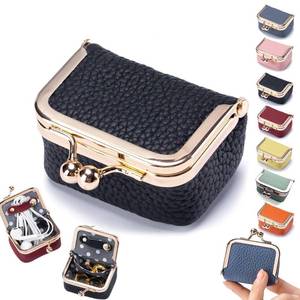 lot 51622 image: Genuine Leather Mini Jewelry Box, Portable Vintage-Inspired Genuine Leather Coin Purse Jewelry Case with Kiss Lock, Mini Travel Ring Box for Women for EarringRingNecklaceBracelet(Black) - Retail $13