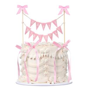 lot 51624 image: Honeydak 11 Pcs Bow Ribbon Cake Topper Happy Birthday Cake Bunting Topper with Wood Pole Handmade Pennant Flags with Bow Ribbon for Birthday, Bridal Party Decoration (Cute,Pink) - Retail $8