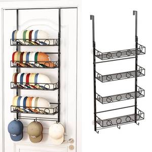 lot 55145 image: Over Door Hat Organizer 5 Tier Wall Mounted Hat Rack with 4 Adjustable Metal Basket and 3 Hooks Hat Organizer for Baseball caps Hat Hanger Holder Display for Door Closet Cap Organizer Storage - Retail $26