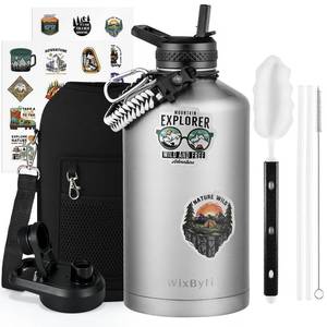 lot 55146 image: WixByti One Gallon Water Bottle Insulated, Triple Wall Vacuum Cold for 48 Hrs & Leak-proof & Non-BPA, 128oz Large Sports Stainless Steel Water Jug with Paracord Handle Straw Spout Lids & DIY Stickers - Retail $44