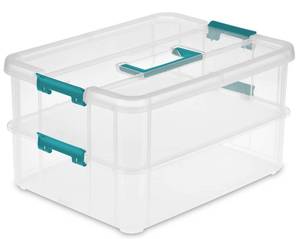 lot 55150 image: Sterilite 1427CLR Stack & Carry - 2 Layer Box, Clear Lid & Blue Handle, See-through layers - Retail $22