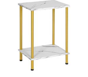 lot 1012 image: HOOBRO End Table, Small Side Table, Nightstand with 2-Layer Storage Shelves, Sofa Table for Small Spaces, Living Room, Bedroom, Stable Frame, Easy Assembly, Gold and Marble DM09BZ01 - Retail $0