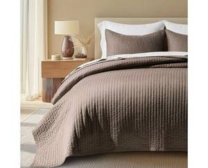lot 1013 image: EVERGRACEHOME Cotton Sateen Quilt Set Queen Size, Pre-Washed Cotton Channel Stitch Coverlet Bedspread, 3 Pieces Lightweight Soft Bedding Sets for All Season, with 2 Pillow Shams, Mocha Brown - Retail $0