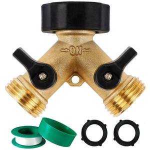 lot 1038 image: Biswing Garden Hose Splitter 2 Way, Heavy Duty Brass Connector Tap Splitter, Y Splitter 2 Valves with 2 Extra Rubber Washers - Retail $10