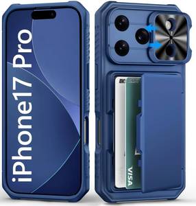 lot 1039 image: BXYJY for iPhone 17 Pro Case Wallet with Card Holder (4-5 Cards), Slide Camera Cover, Military Grade Drop Shockproof, Heavy Duty Rugged Women Men Phone Case for iPhone 17 Pro 6.3 2025, Blue - Retail $20