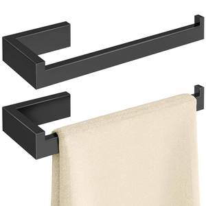 lot 1050 image: Gypie Hand Towel Holder for Bathroom Wall 2 Pack -Modern Towel Ring Square Hidden Mount with Dual Screws, Anti-Slip End, Stainless Steel, Matte Black - Retail $17
