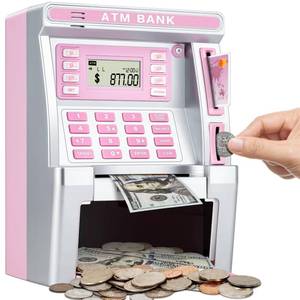 lot 1072 image: BAODLON Pink Piggy Bank for Kids, ATM Machine Bank for Real Money with Debit Card, Bill Feeder, Coin Recognition, Balance Calculator, Electronic Savings Safe Box, Cool Stuff Toys Gifts for Teen Girl - Retail $35