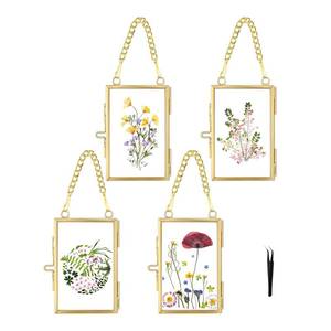 lot 1076 image: FOCHIER F Mini 4 Pcs Pressed Flower Frame with Tweezers, Wall Hanging Tabletop Display Double Glass Frames with Metal Chain for Pressed Dried Flowers Plants, Horizontal and Vertical Picture Frame, Gold, FRAMES ONLY - Retail $15