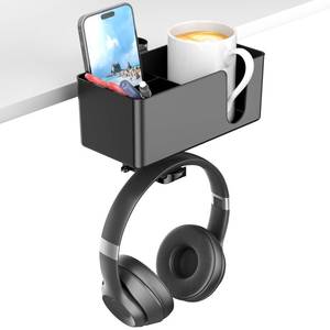 lot 1105 image: KDD 4 in 1 Desk Cup Holder - Clamp on Under Desk Headphone Hanger - Rotating Headphone Holder Detachable Pen Cup Holder Desktop Storage for Cup, Phone and Pen(Black) - Retail $18