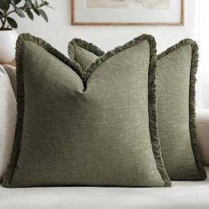 lot 1112 image: MIULEE Decorative Throw Pillow Covers Neutral Linen Fringe Throw Pillows Set of 2 Olive Green Boho Farmhouse Cushion Covers with Tassels for Couch Sofa Bed Living Room Spring Home Decor 18x18 Inch - Retail $20