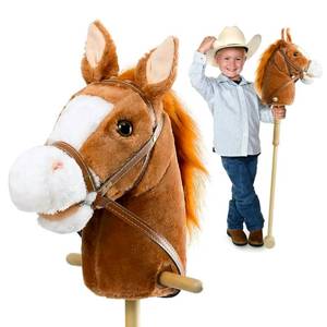 lot 1118 image: HollyHOME Stick Horse Plush Handcrafted Hobby Horse on a Stick with Wood Wheels Real Pony Neighing and Galloping Sounds for Kids Toddlers Dark Brown 36 Inches(AA Batteries Required) - Retail $38