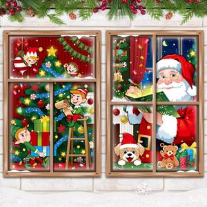 lot 1137 image: Preboun 2 Pcs Christmas Curtain Window Decoration Xmas Window Silhouette Snowflake Cover Christmas Poster for Indoor Outdoor Holiday Party Wall Garage Door Decor(Santa Claus and Elf Tree) - Retail $9