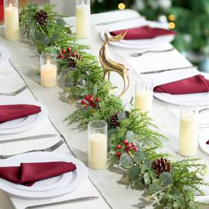 lot 1140 image: BLOSMON Christmas Garland for Table Decorations 6.2 Ft Prelit Glitter Garland for Mantle Stairs Railing - 12 Light Modes Remote Timer - Red Berries Pine Cones Eucalyptus Garlands for Door Staircase - Retail $20