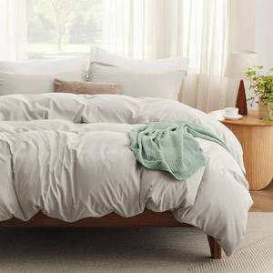 lot 1164 image: Bedsure Duvet Cover Queen Size with Fitted Sheet - 4 Pieces Prewashed Cotton-Like Extra Soft Bedding Set, Includes 1 Duvet Cover 90x90 Inches with Zipper Closure, 2 Pillow Shams, 1 Fitted Sheet, Linen - Retail $38
