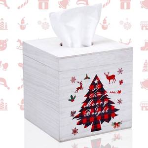 lot 1170 image: Gerrii Christmas Tissue Box Cover Square Wooden Tissue Box Cube Organizer Farmhouse Christmas Bathroom Essentials Accessories Holiday Office Home Decor(Xmas Tree) - Retail $17