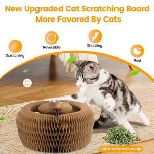 lot 1186 image: URSKTM Upgraded-Magnetic Magic Organ Cardboard Cat Scratcher Toy with 2 Balls for Mental Physical Exercise, Multi-Shape Interactive Cardboard Cat Toy for Indoor Cats Flip with Fun, BrownGray,M, 1PCS - Retail $15