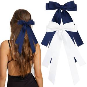 lot 1189 image: MIKONIKO Bow Hair Clips 2PCS Set for Women and Girls - Black White Ribbon Bows for Hair, with Long Tail, Alligator Clip (White & Navy Blue) - Retail $9