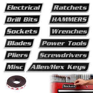 lot 1191 image: 12 Pack Magnetic Tool Box Labels, 3D-Printed Tool Box Labels for Steel Toolboxes, Carts, Drawers & Cabinets, Black Toolbox Organization Accessories - Retail $9