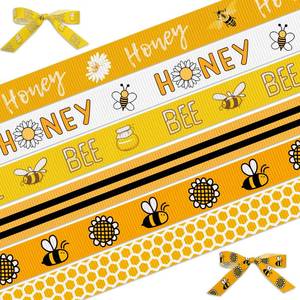 lot 1198 image: Habbiful 6 Rolls 18 Yards Bee Ribbon for Gift Wrapping Crafts Wreath Bows 38 Honeycomb Bumblebee Decor Ribbons Yellow Honey Grosgrain Ribbon for Party Home Holiday Decoration - Retail $9